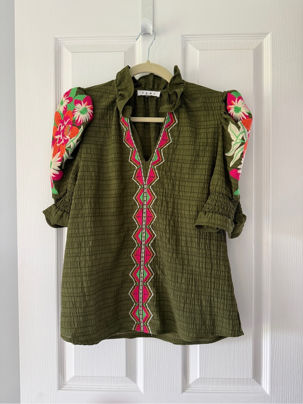 THML Olive Green Embroidered Puff Sleeve Top